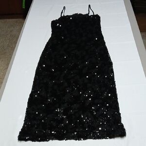 Sparkly Black Sequin Spaghetti Strap Maxi Dress w/ Back Slit XS - M Sexy Bodycon